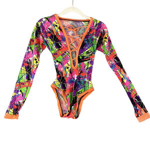 Unbranded Neon Splatter Bodysuit Womens S 80s Rave Festival Lace Up Plunge